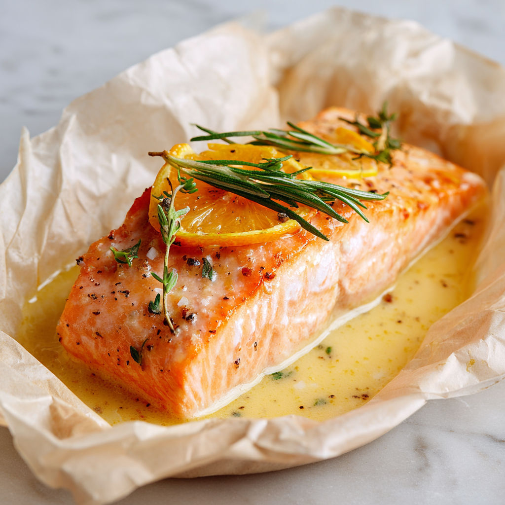 Pavé de saumon fondant en papillote parfumée aux agrumes.