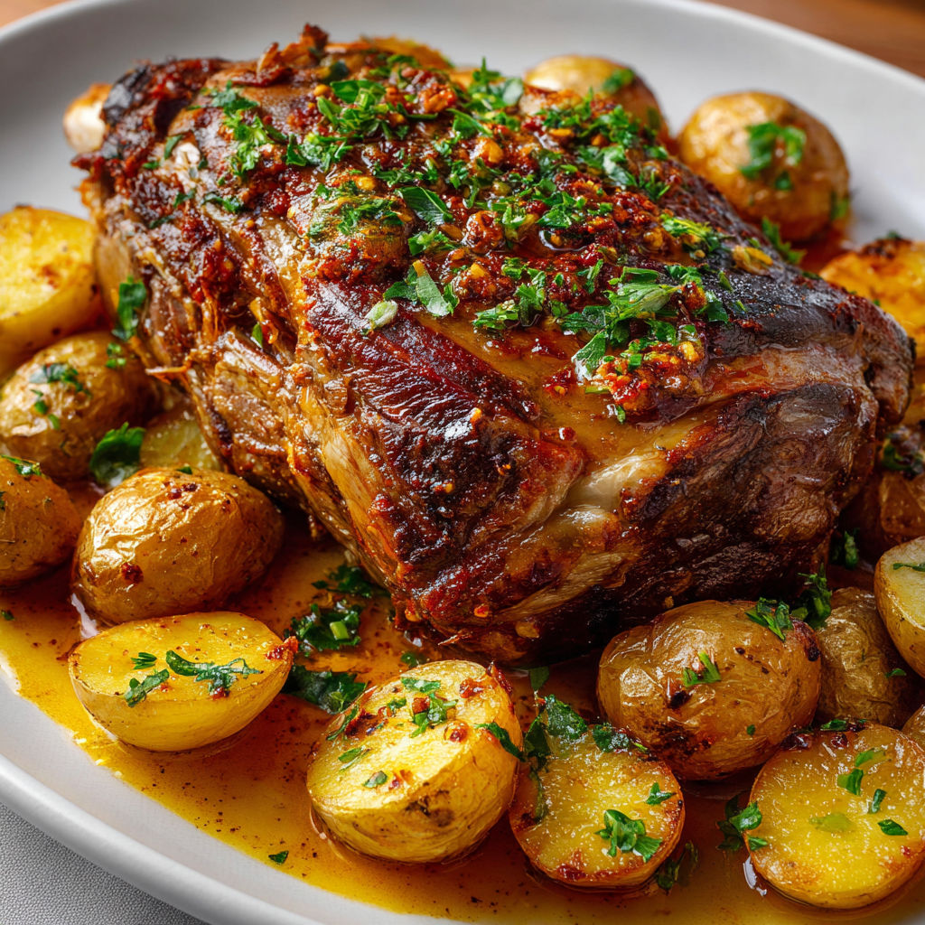 Gigot d'agneau épicé à la harissa, cuisson lente et savoureuse.