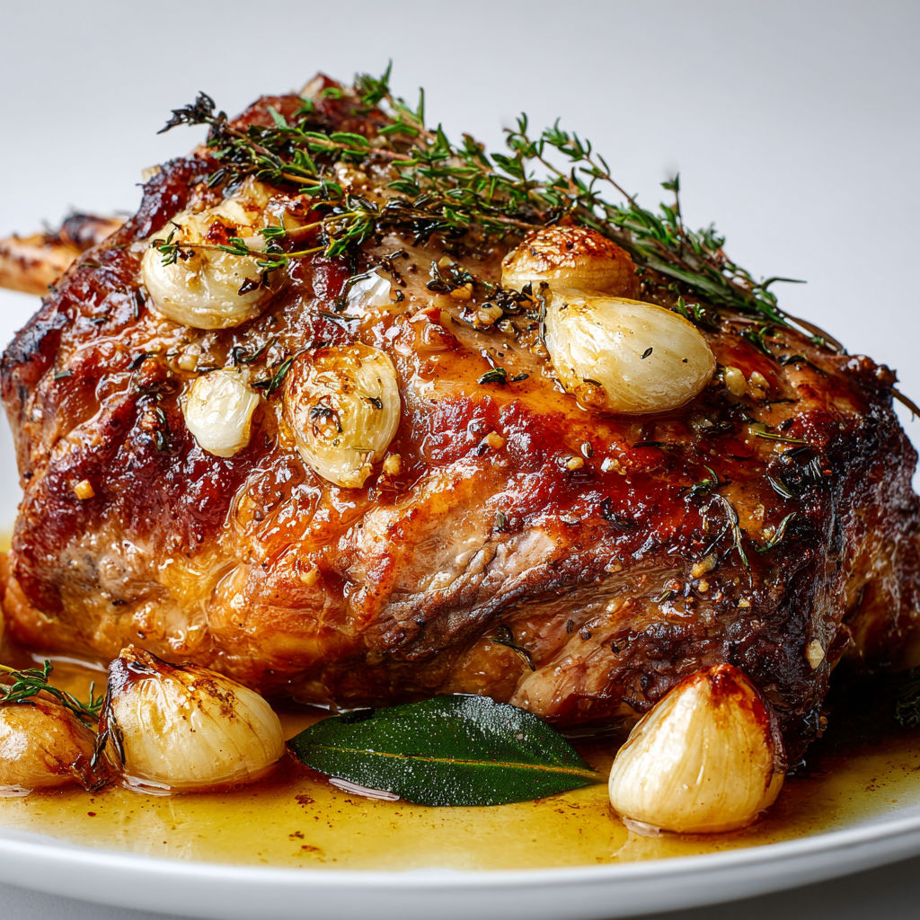 Gigot d’agneau doré aux gousses d’ail fondantes et herbes du jardin.