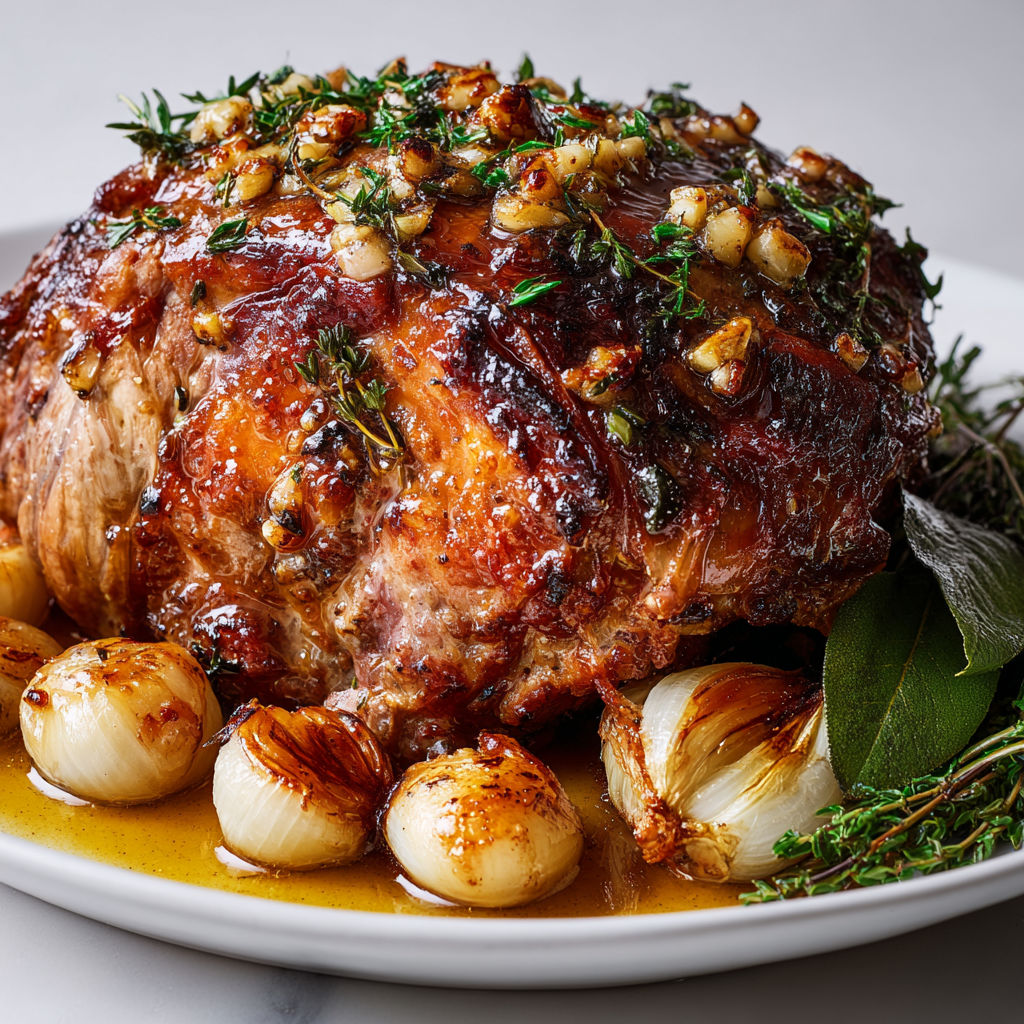 Rôti d’agneau juteux parfumé à l’ail blanchi et au beurre aromatique.