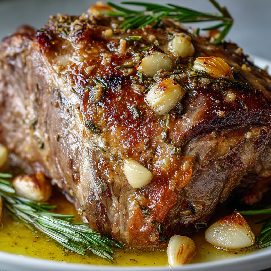 Gigot d’agneau parfumé au romarin, délicatement rôti et arrosé au jus.