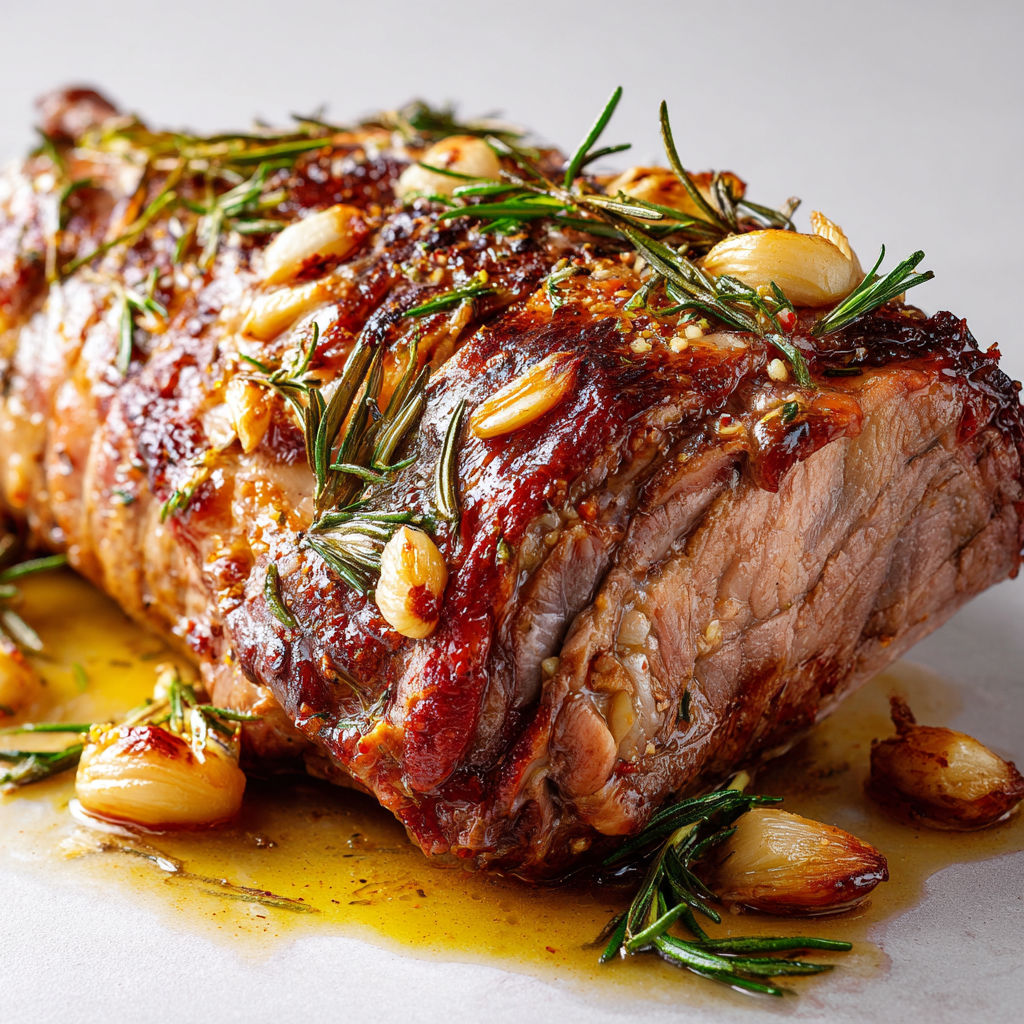 Agneau rôti généreux aux éclats d’ail fondants et branches de romarin fraîches.