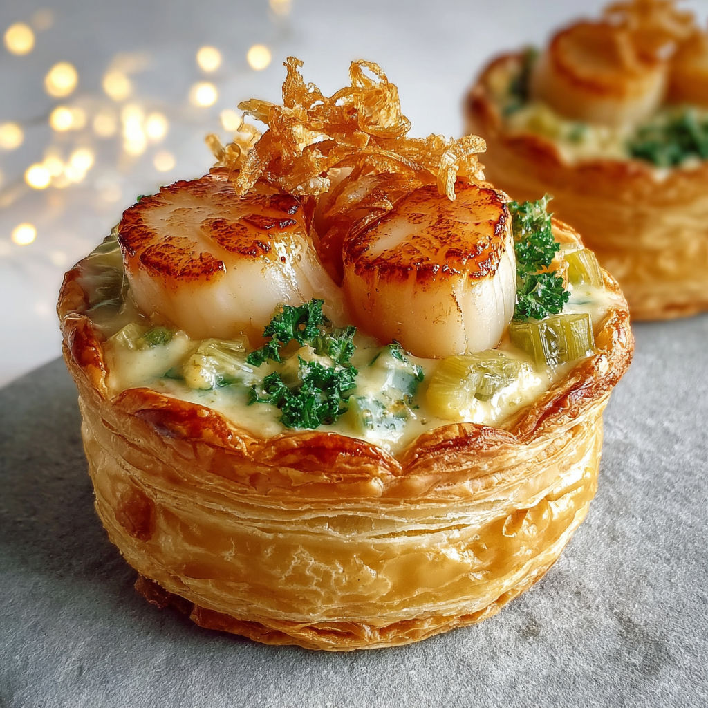 Un vol-au-vent Saint-Jacques est présenté sur une table, accompagné de poireaux et de crème au beurre citronné.