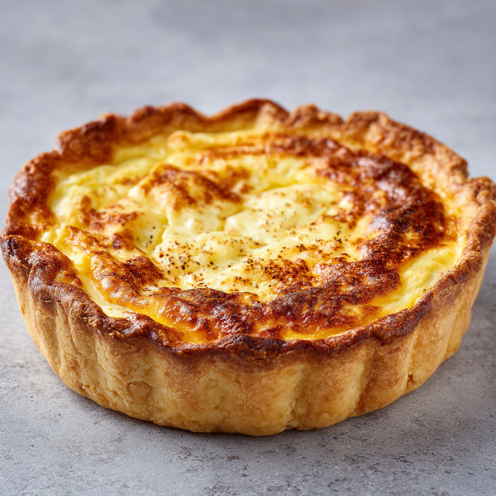 Une quiche soufflée au fromage et muscade est servie sur un plateau.