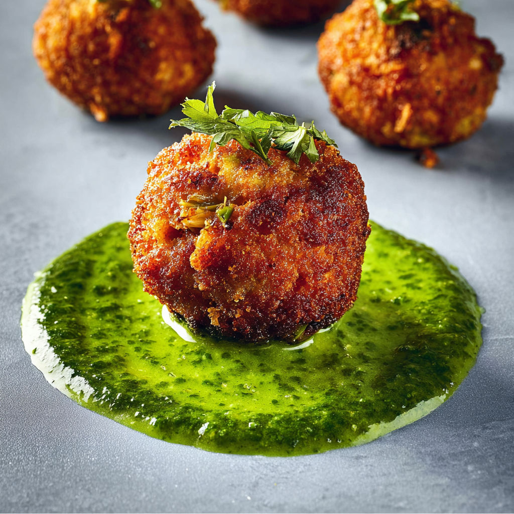 Acras croustillants au thon et aux artichauts, relevés d’une sauce verte citronnée.