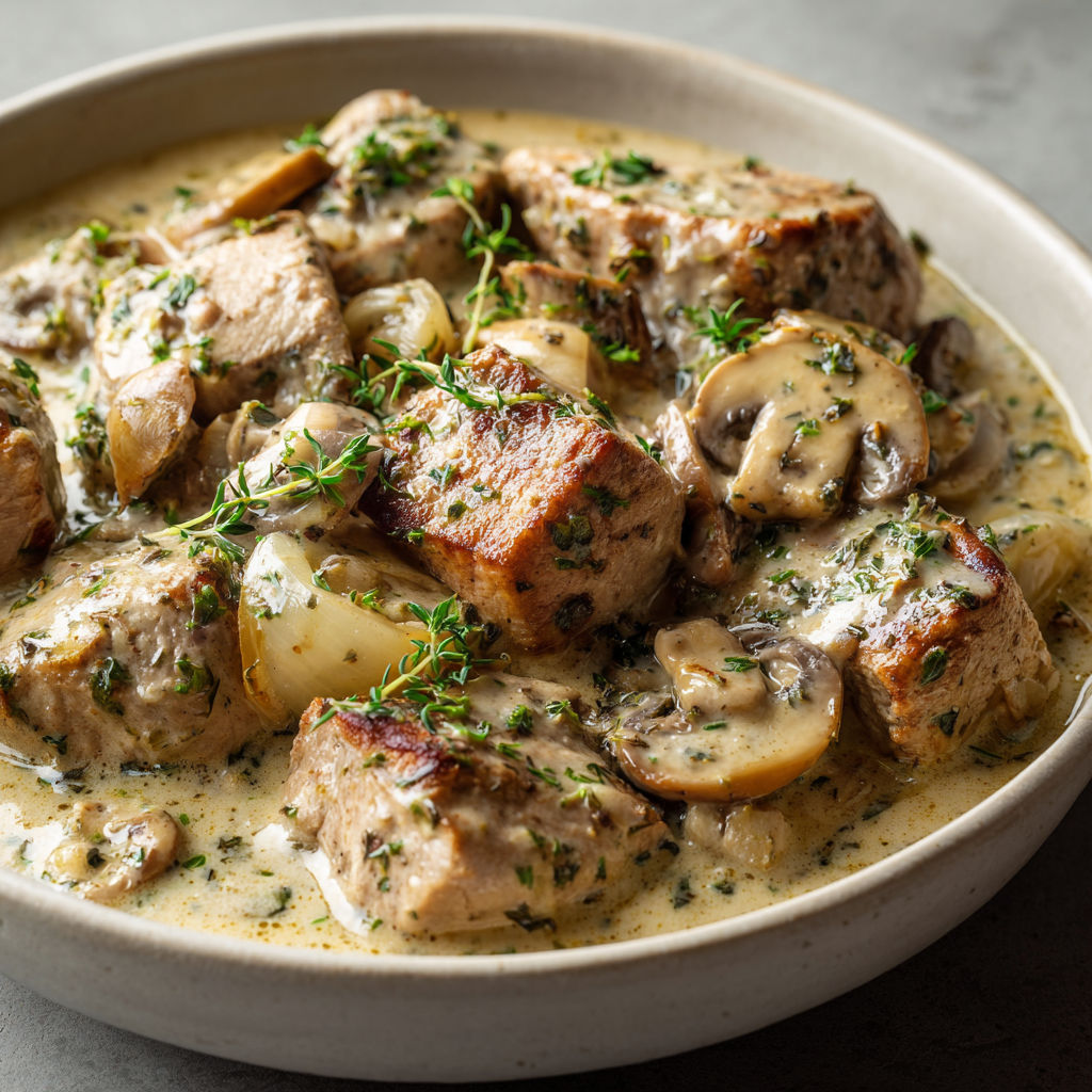 Blanquette de filet mignon de porc aux champignons : crémeuse, fondante et réconfortante.