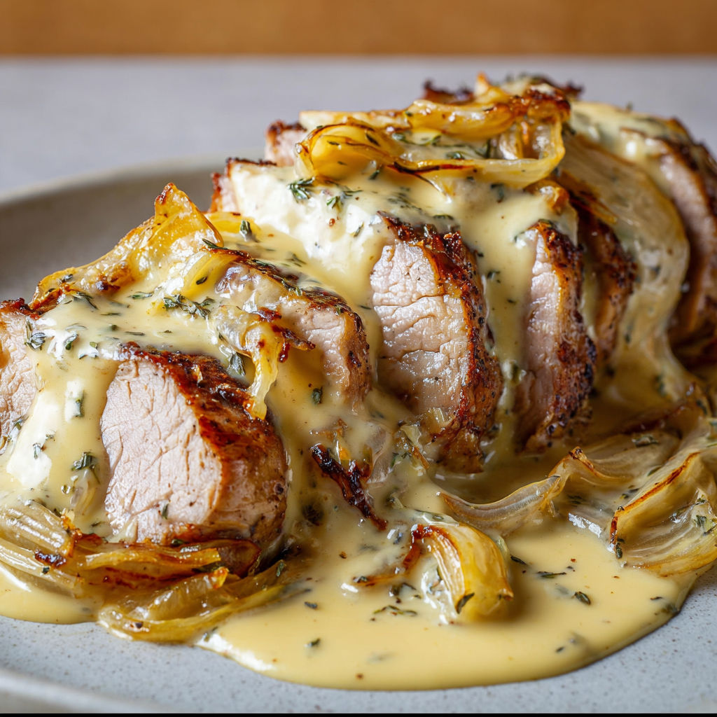 Un filet mignon enrobé de sauce au reblochon et accompagné d'oignons confits.