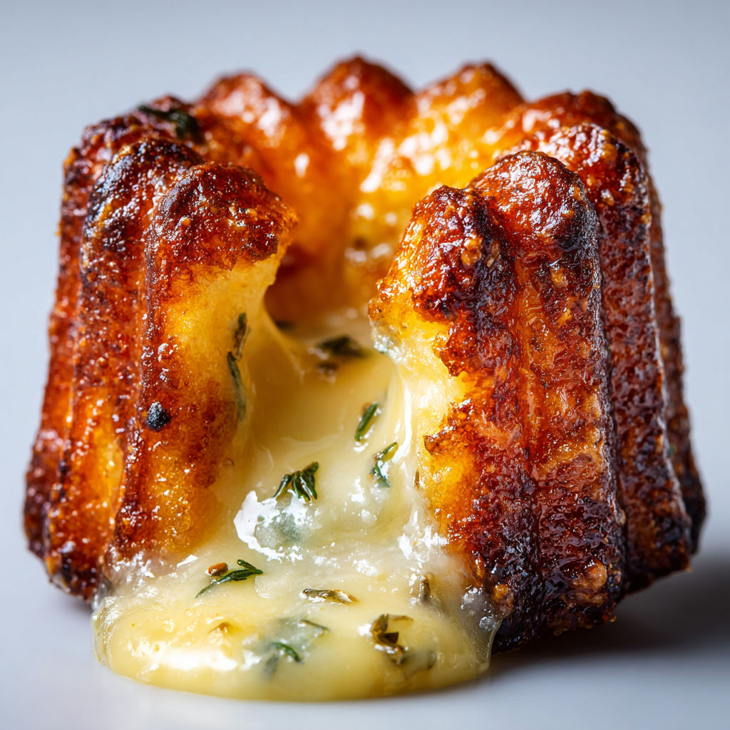 Cannelés gourmands au fromage, parmesan croustillant et cœur coulant au comté.