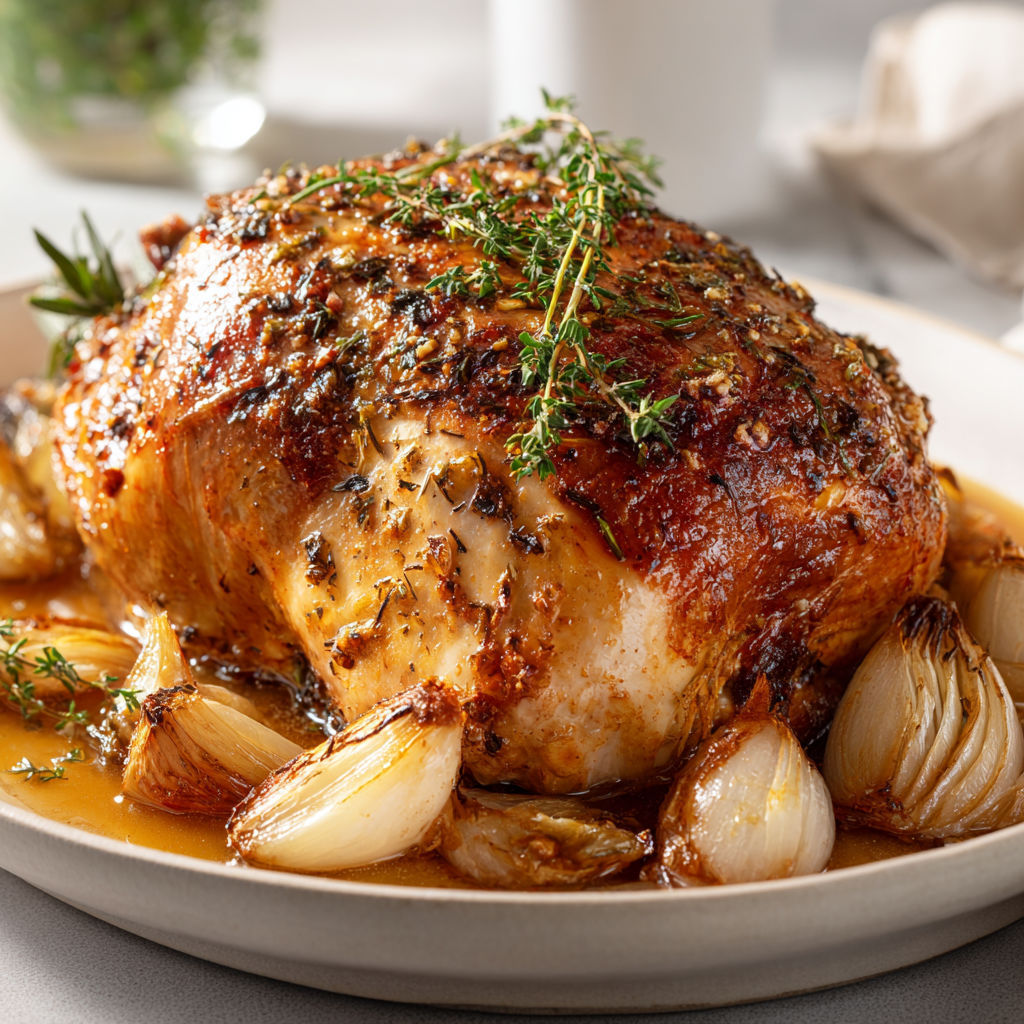 Rôti de dinde au four, moelleux et parfumé au thym.