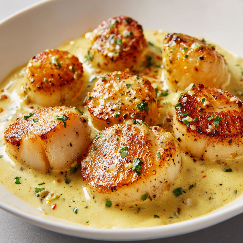 Saint-Jacques poêlées à la crème parfumée au curry.