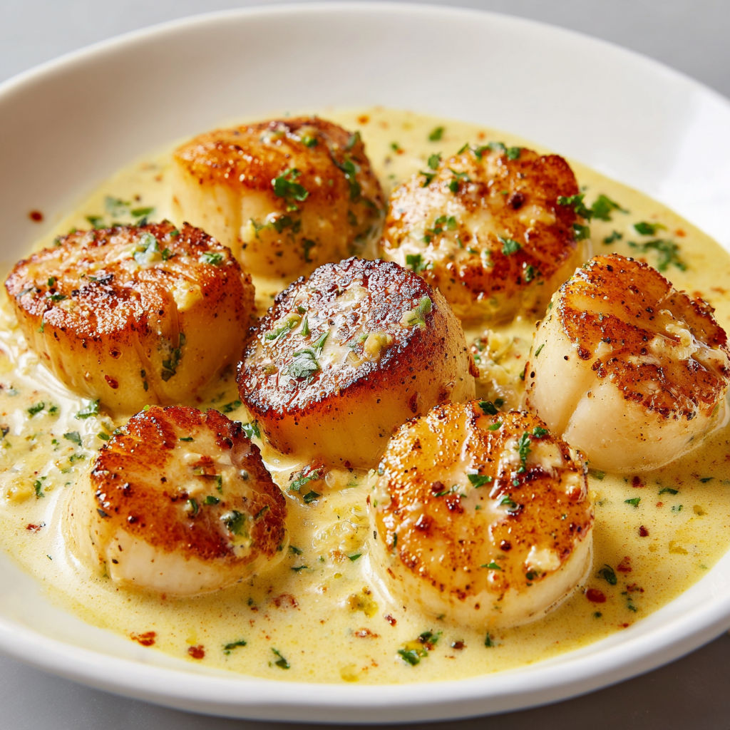 Noix de Saint-Jacques fondantes, sauce crème au curry délicat.