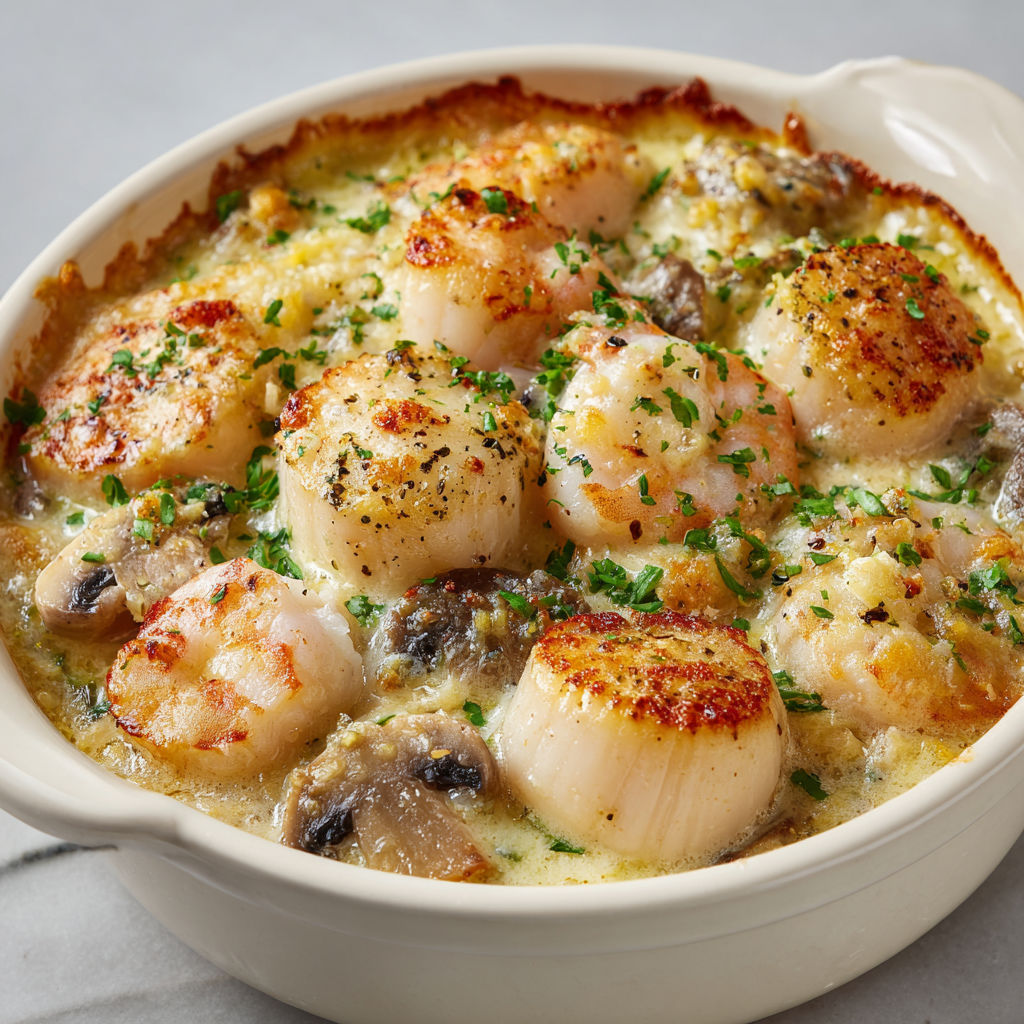 Cassolettes de Saint-Jacques, une recette savoureuse et délicieuse, est servie dans un bol en porcelaine.