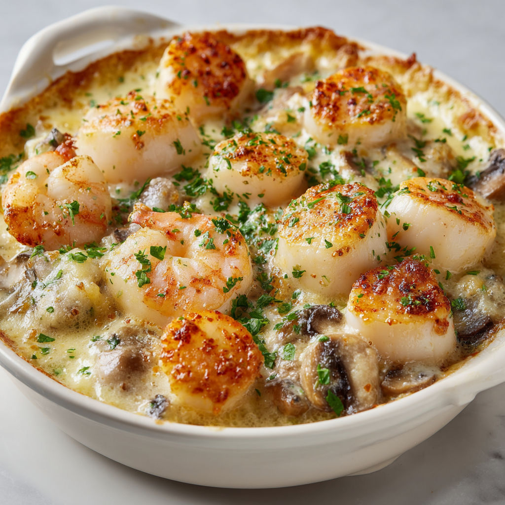 Cassolettes de Saint-Jacques, une recette de plat de fruits de mer et de champignons, est servie dans un bol en porcelaine.