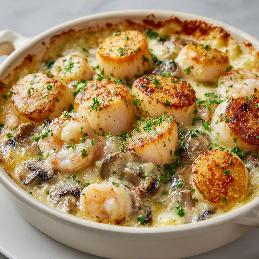 Cassolettes de Saint-Jacques, une recette de plat de fruits de mer et de légumes, est servie dans un bol en porcelaine.