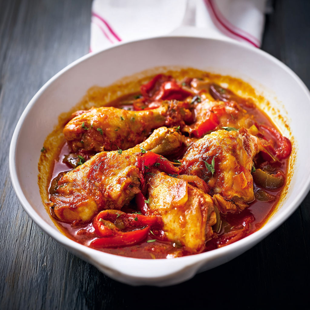 Un plat de poulet basquaise, avec des tomates, des oignons et des épinards, est servie sur une table.