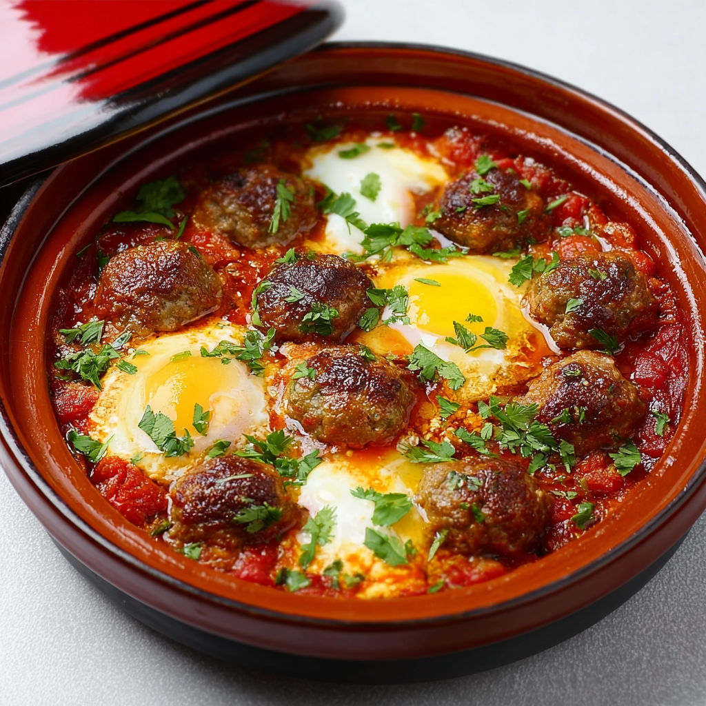 Tajine de keftas aux oeufs, une recette de cuisine traditionnelle marocaine, est servie dans un bol coloré.