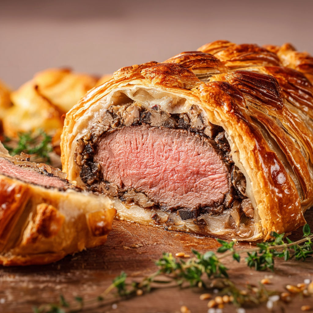 Filet de bœuf Wellington traditionnel, farce fine aux champignons et foie gras.