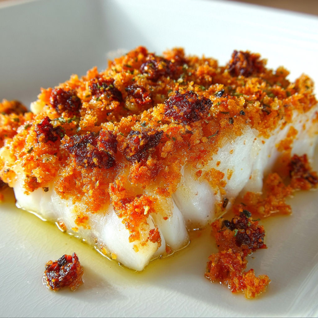 Une portion de dos de cabillaud en crumble de chorizo et parmesan, servie sur un plateau.