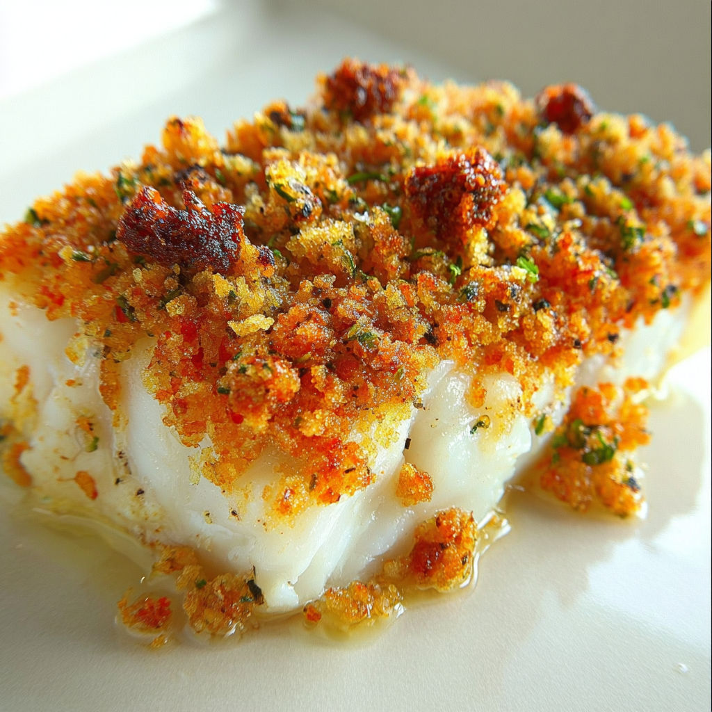 Dos de cabillaud fondant au crumble croustillant de chorizo et parmesan.