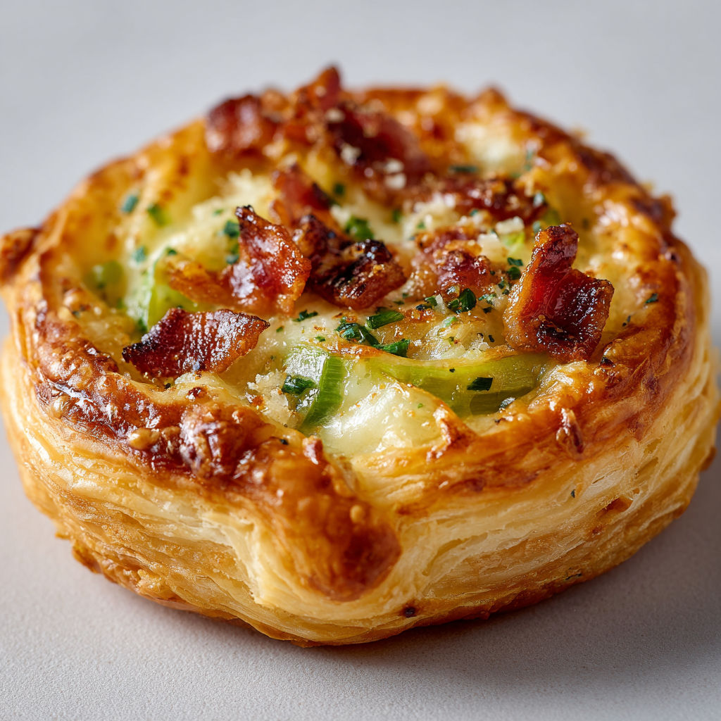 Une tartelettes feuilletée aux poireaux, Comté et Bacon, est servie sur une table blanche.