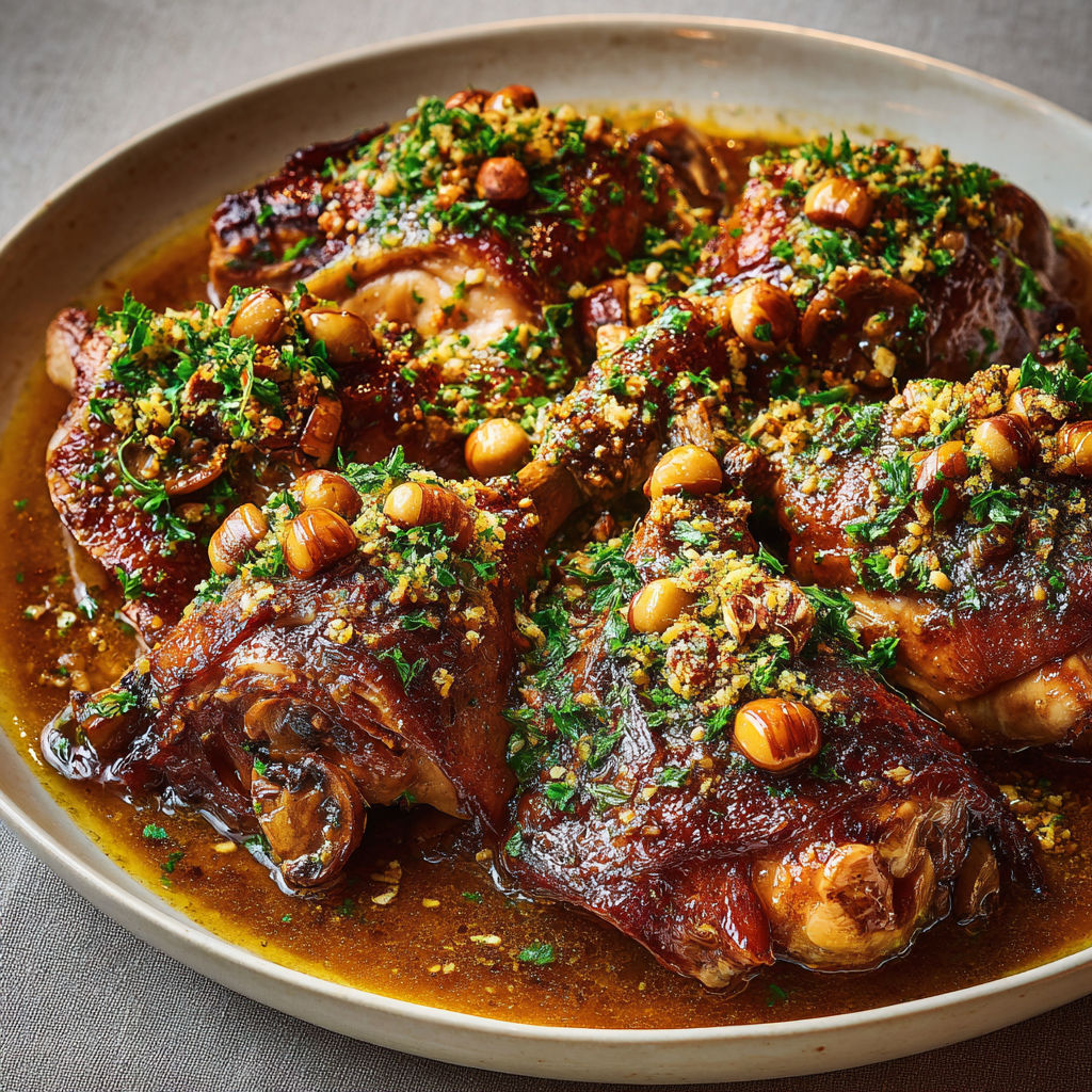 Dindon en sauce, garniture de châtaignes.