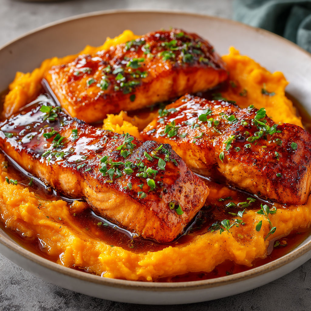 Un plat de saumon laqué au sirop d'érable et sa purée de patates douces.