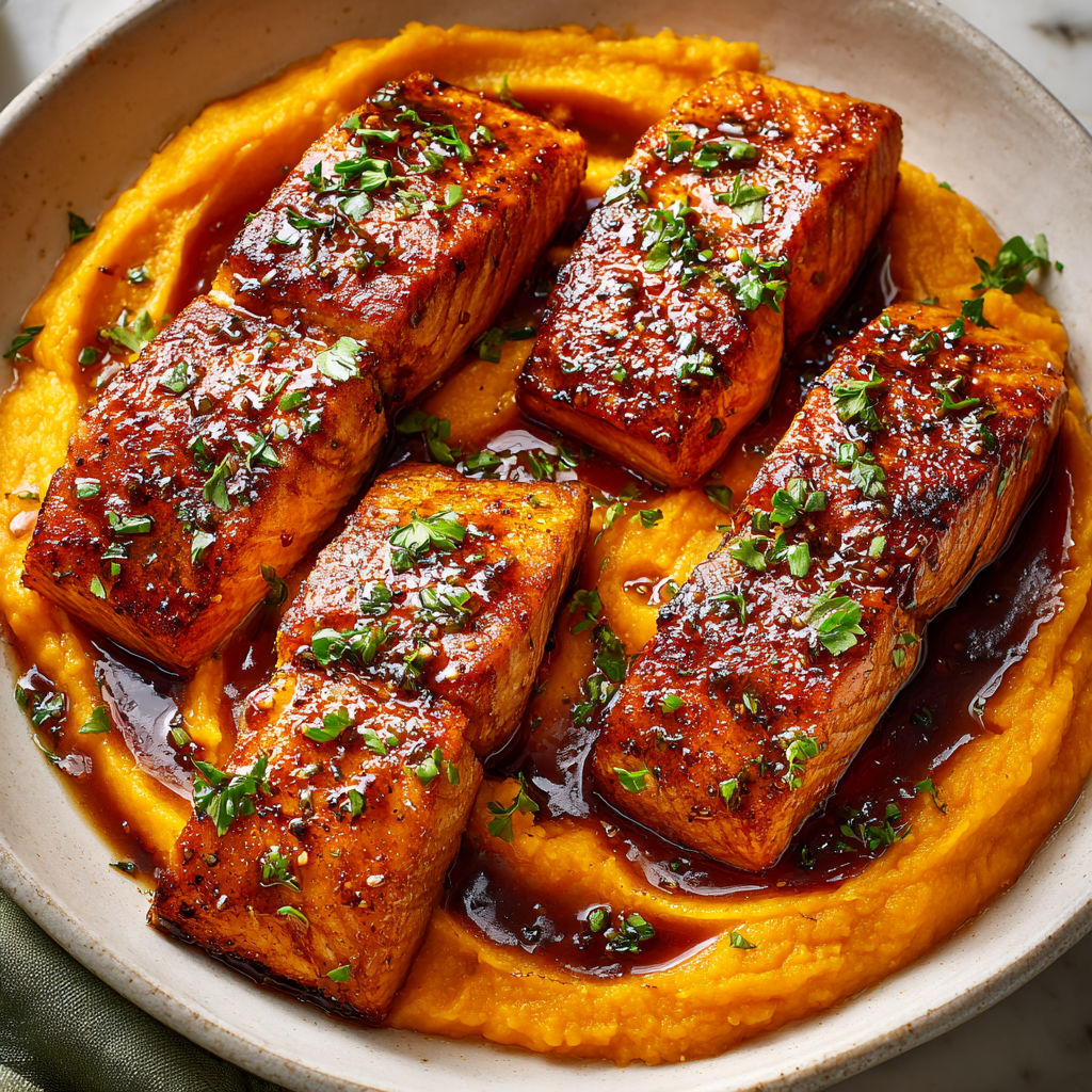 Une recette de Pavé de saumon caramélisé à l’érable accompagné d’une purée de patates douces onctueuse.