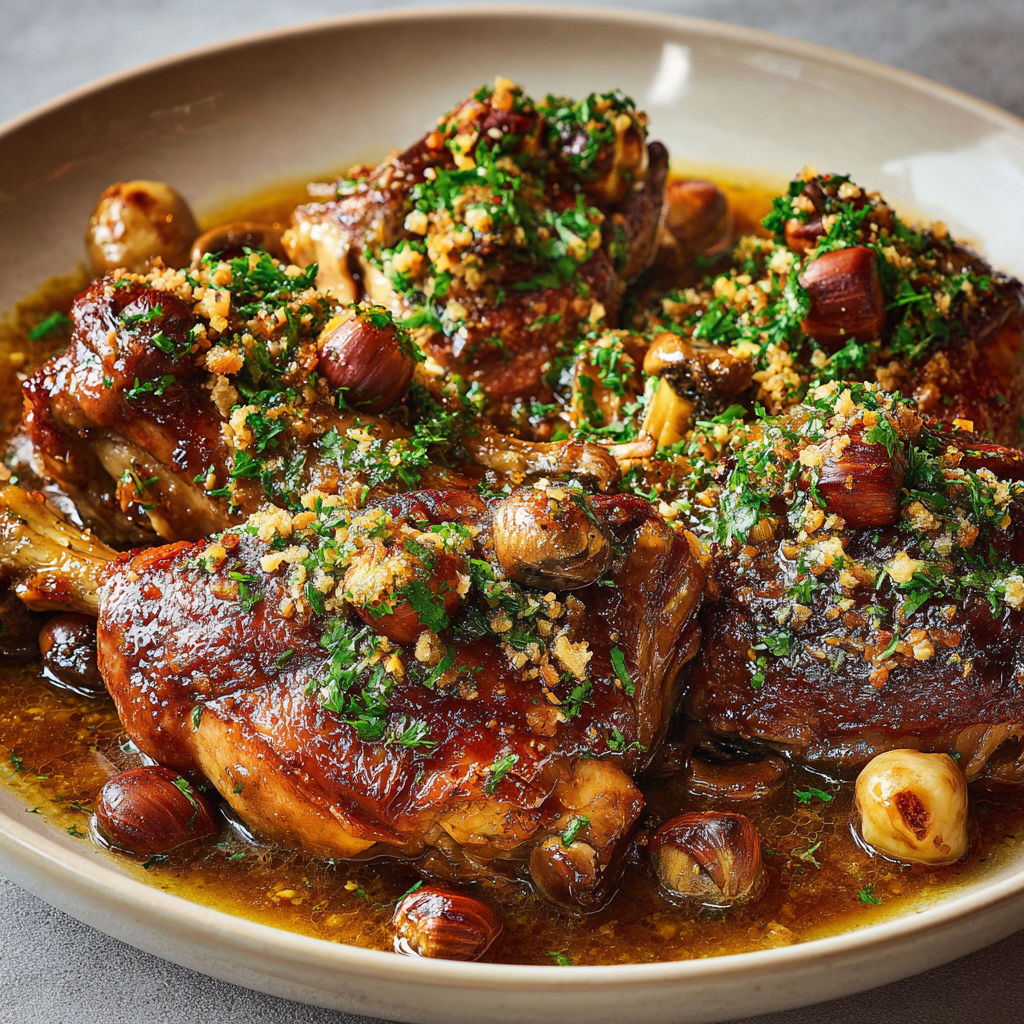 Dindon fondant en sauce au vin blanc et cognac, garniture croustillante de châtaignes.