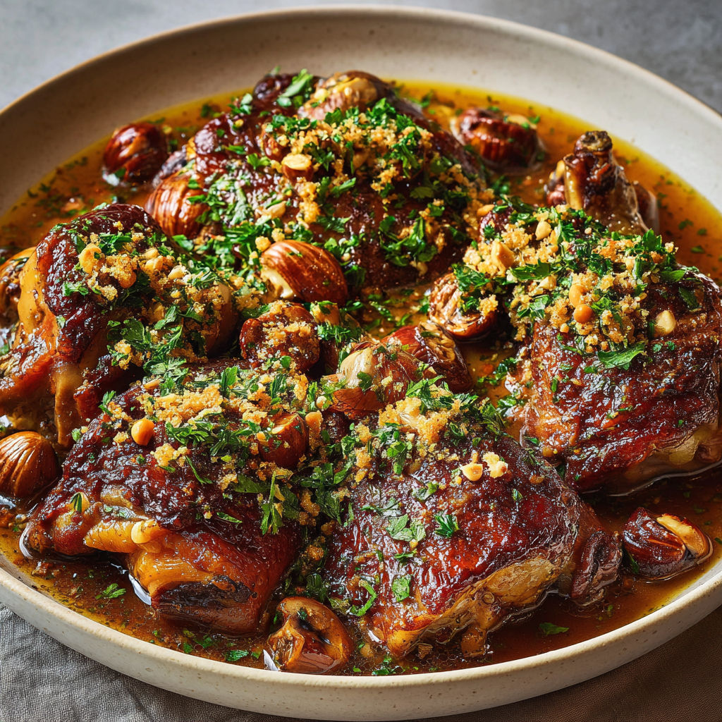 Dindon rôti mijoté en sauce onctueuse, châtaignes dorées et parfums festifs.