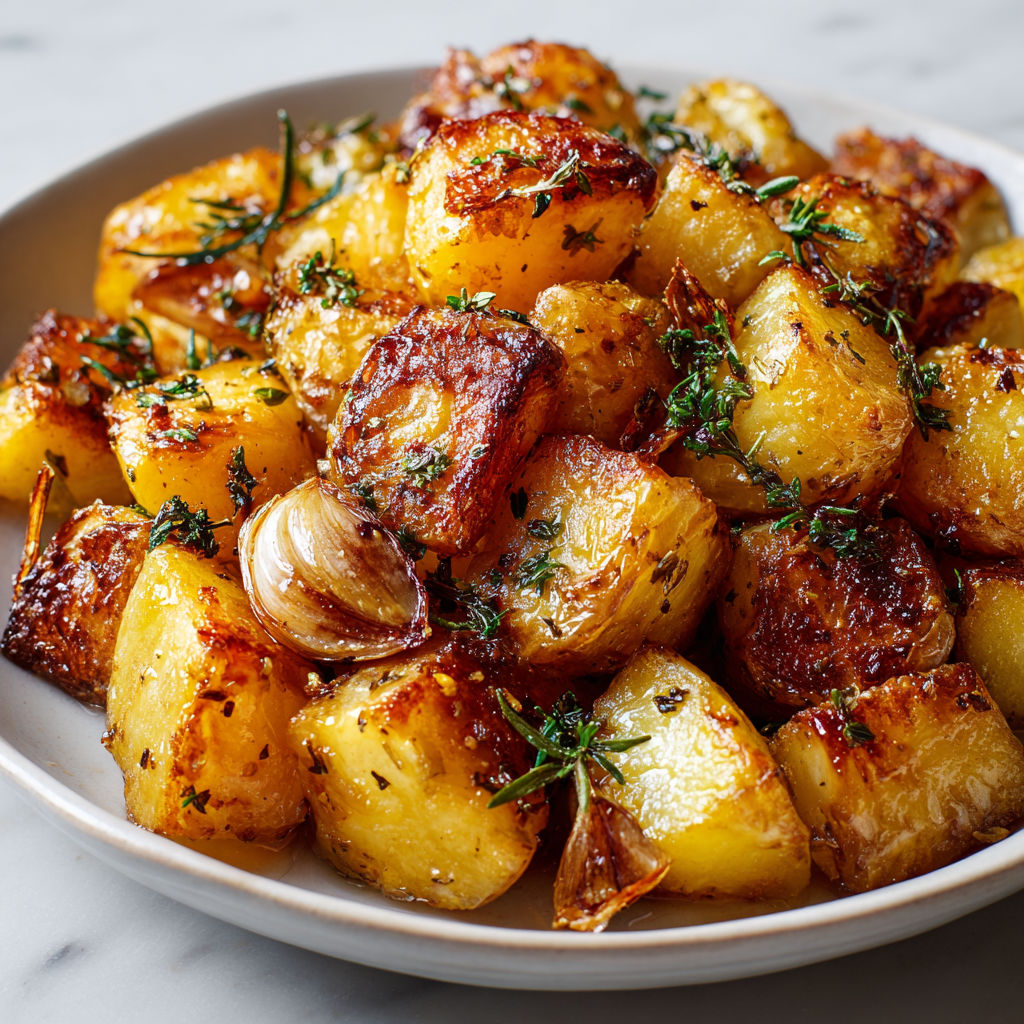 Une assiette de pommes de terre sautées avec des herbes et des épices, accompagnées d'un plat de pommes de terre rôties.