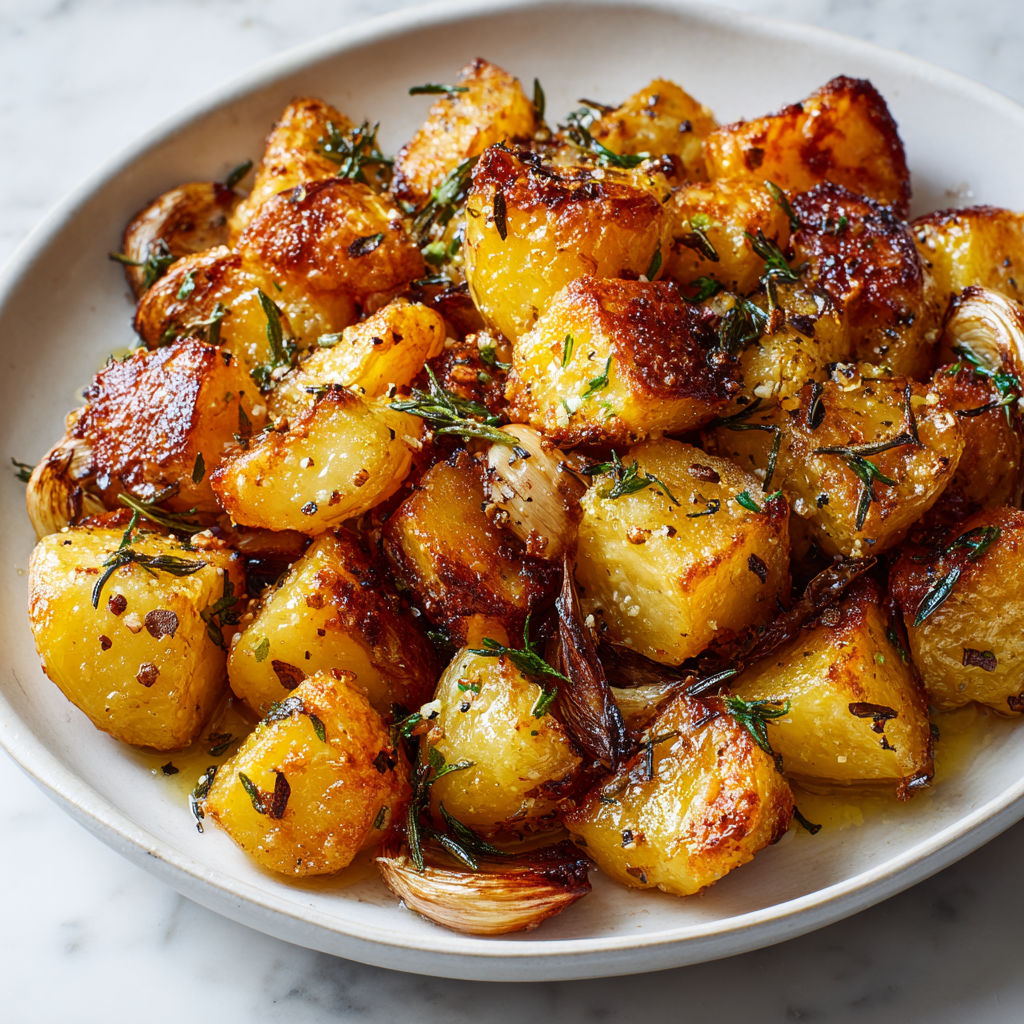 Une assiette de pommes de terre sautées avec des herbes et des légumes, accompagnée d'une sauce au beurre.