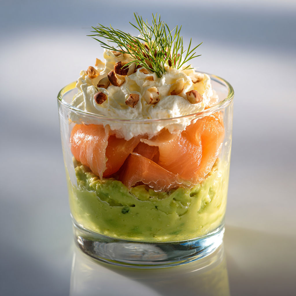 Un verrine de saumon fumé à la crème d'avocat est présenté dans un verre.