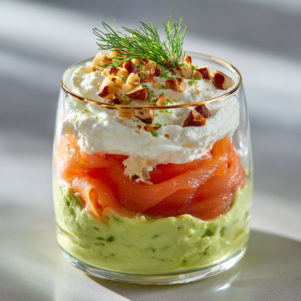 Un verrine de saumon fumé à la crème d'avocat est présenté dans un verre transparent.