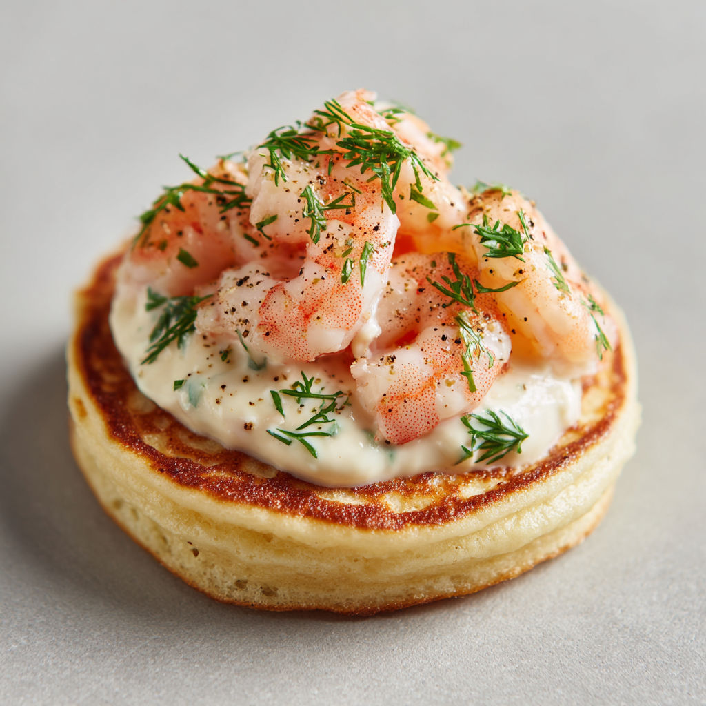 Mini blinis aux crevettes roses et mayonnaise légère à l’aneth.
