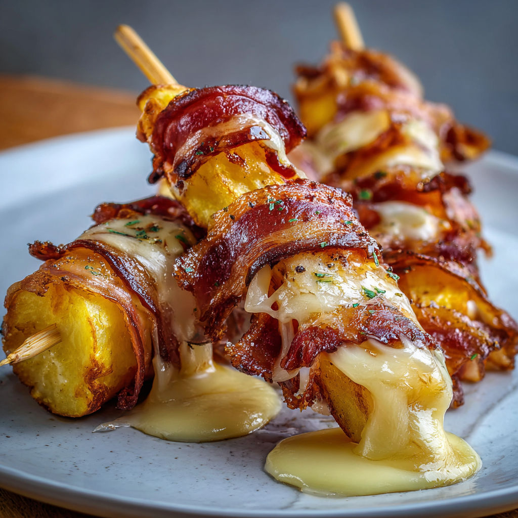 Brochettes d’hiver croustillantes aux pommes de terre, lard fumé et fromage fondant.