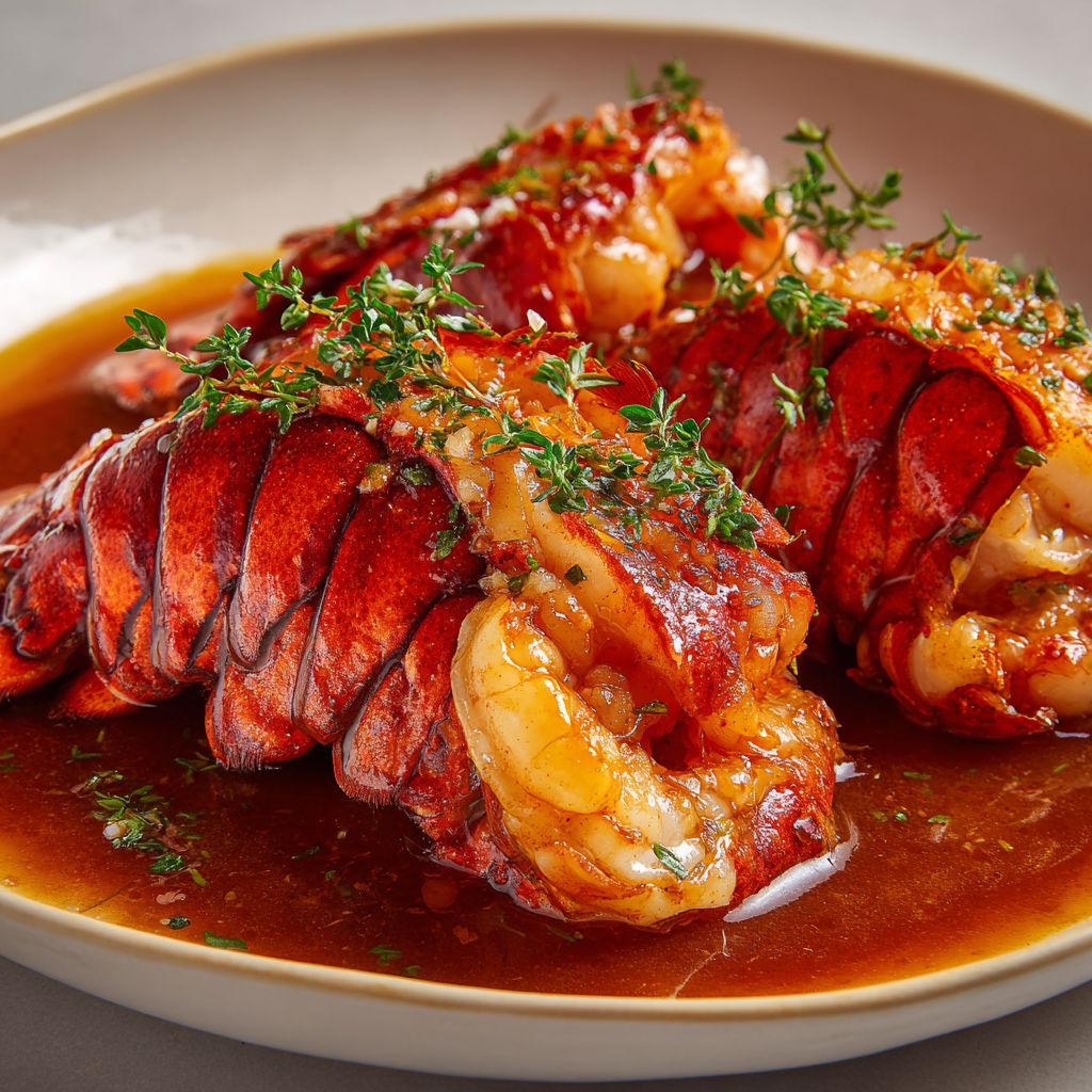 Queues de langouste mijotées dans une sauce fine au vin blanc et cognac.