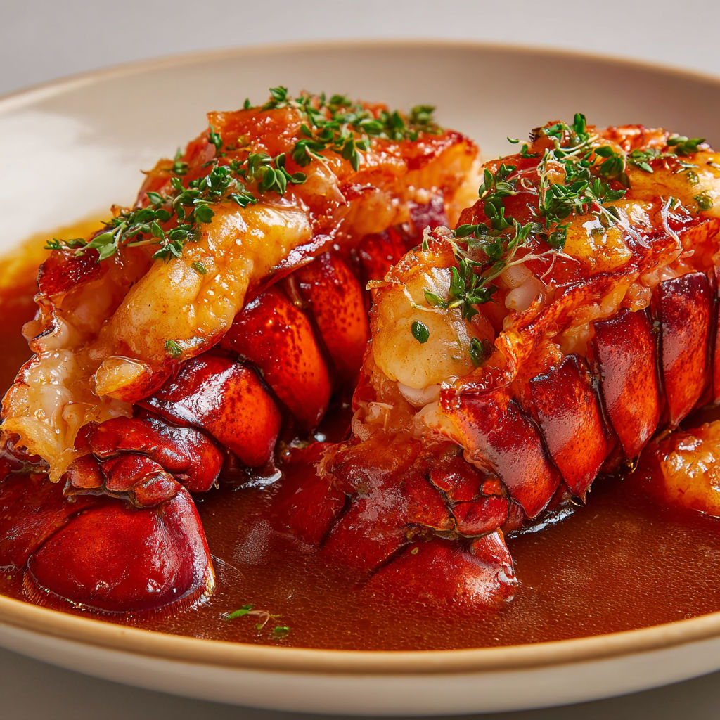 Queues de langouste en sauce gourmande, saveurs marines et notes délicatement épicées.