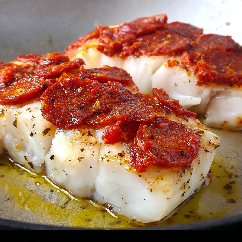 Un morceau de cabillaud sauté avec du chorizo et des herbes.
