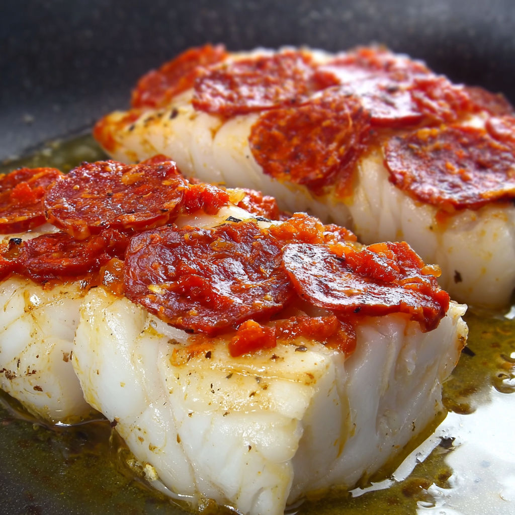 Cabillaud sauté au chorizo - Des morceaux de cabillaud saupé avec des chorizos et des tomates séchées.