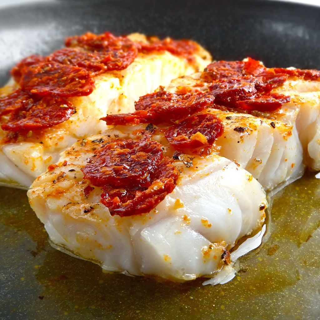 Filet de cabillaud sauté avec du chorizo et des tomates séchées.