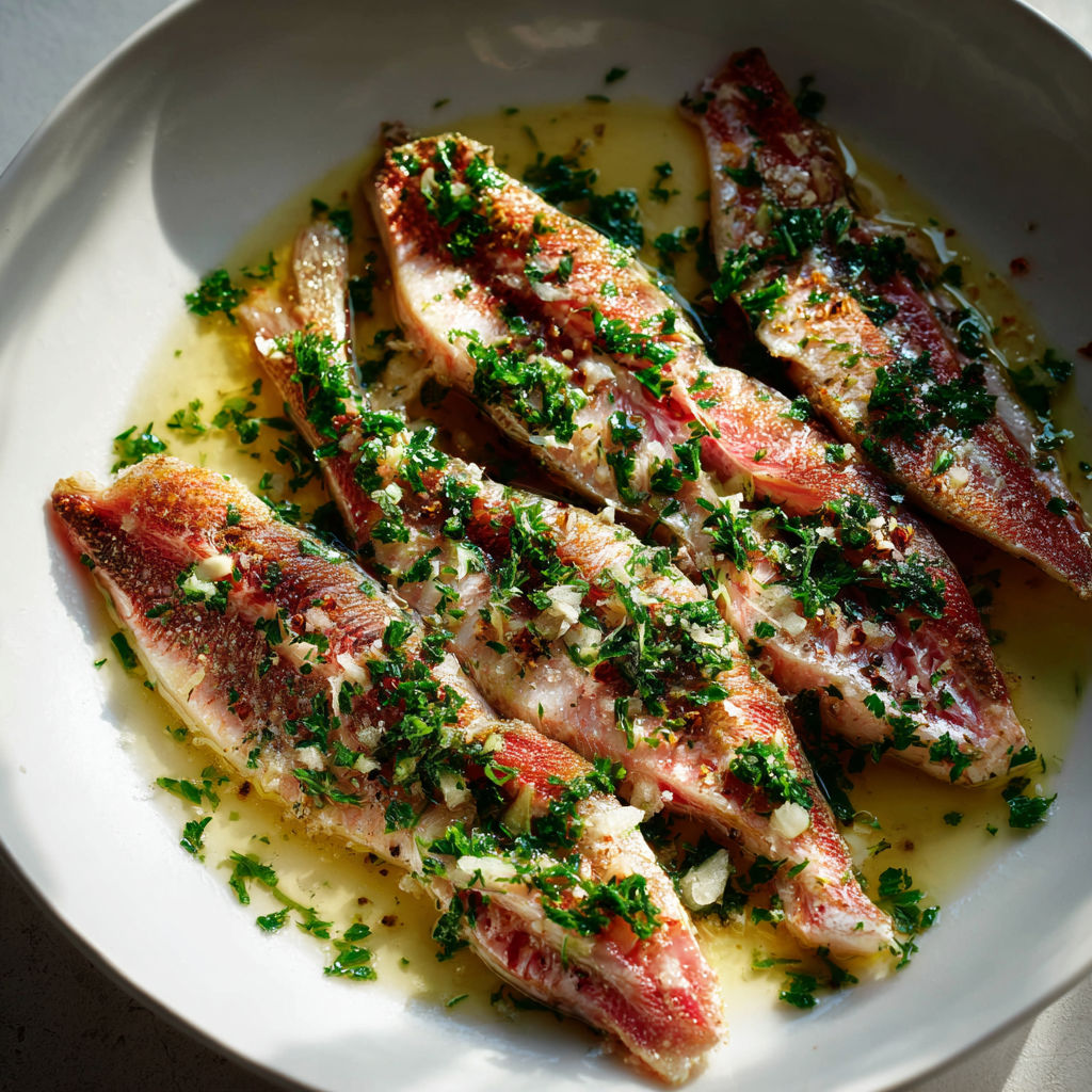 Filets de rougets poêlés à l'ail et au persil, servis sur un plateau blanc.