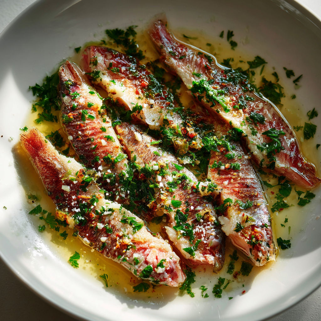Filets de rougets dorés à l’huile d’olive, ail et persil frais.