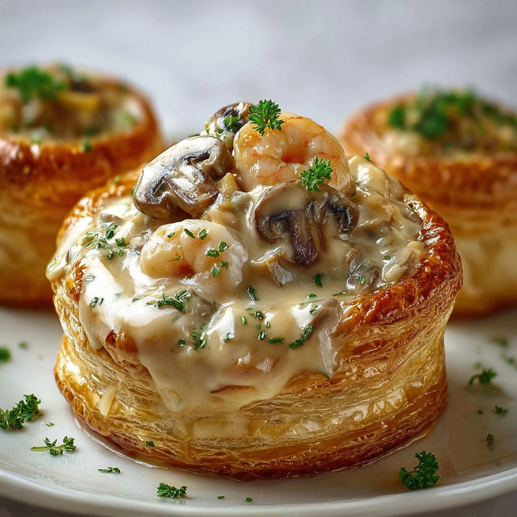 Vol-au-vent façon grand-mère au poulet, champignons et crevettes.