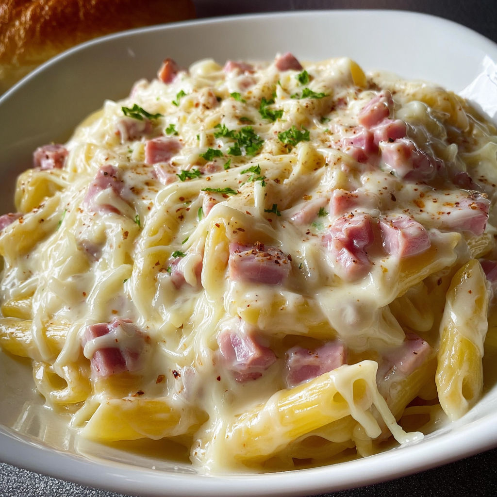 Pâtes gourmandes au jambon blanc et sauce fromagère maison.