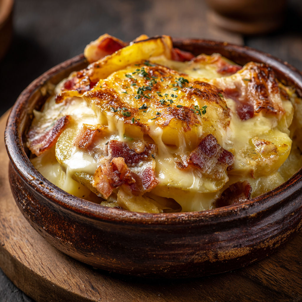 Une tartiflette savoyarde au four, servie dans un bol en terre, est un plat traditionnel de la cuisine savoyarde.