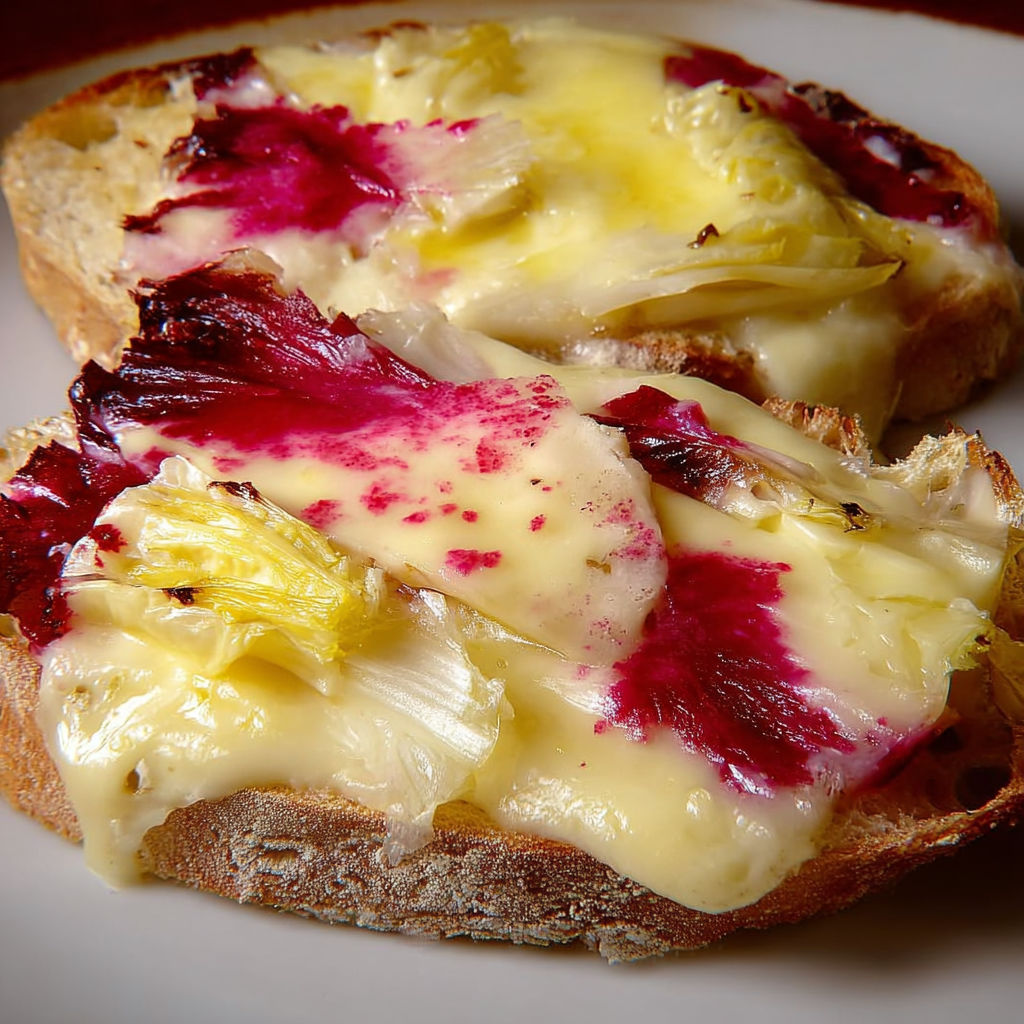 Endives fondantes et vacherin gratiné sur pain de campagne.