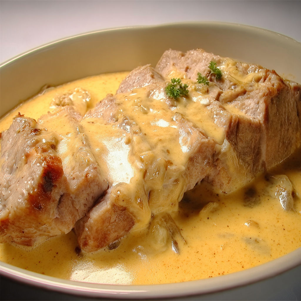 Un plat de rôti de porc au maroilles, avec une sauce onctueuse et des herbes fraîches.