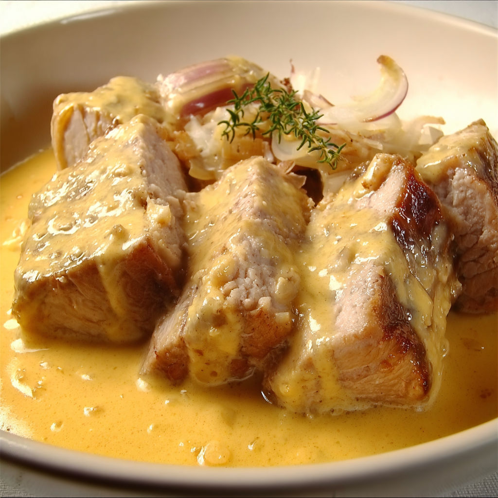 Une assiette de rôti de porc au maroilles, avec des légumes et une sauce.