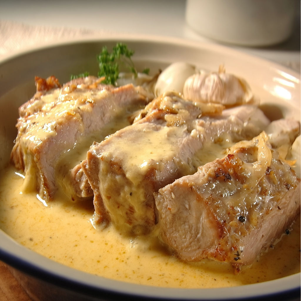 Un plat de rôti de porc au maroilles, avec des légumes et des herbes, est servie sur une table.