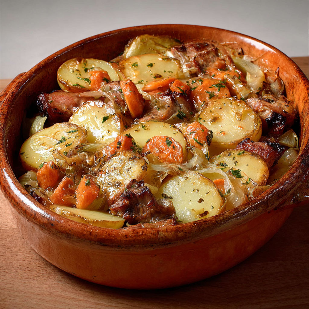 Une recette de baeckeoffe est servie dans un bol en terre.